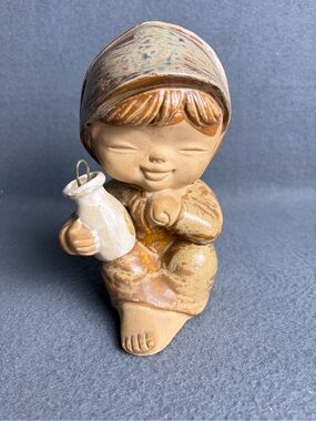 Vintage UCTCI Japan Terracotta Girl Figurine Holding Jug MCM Folk Art Pottery